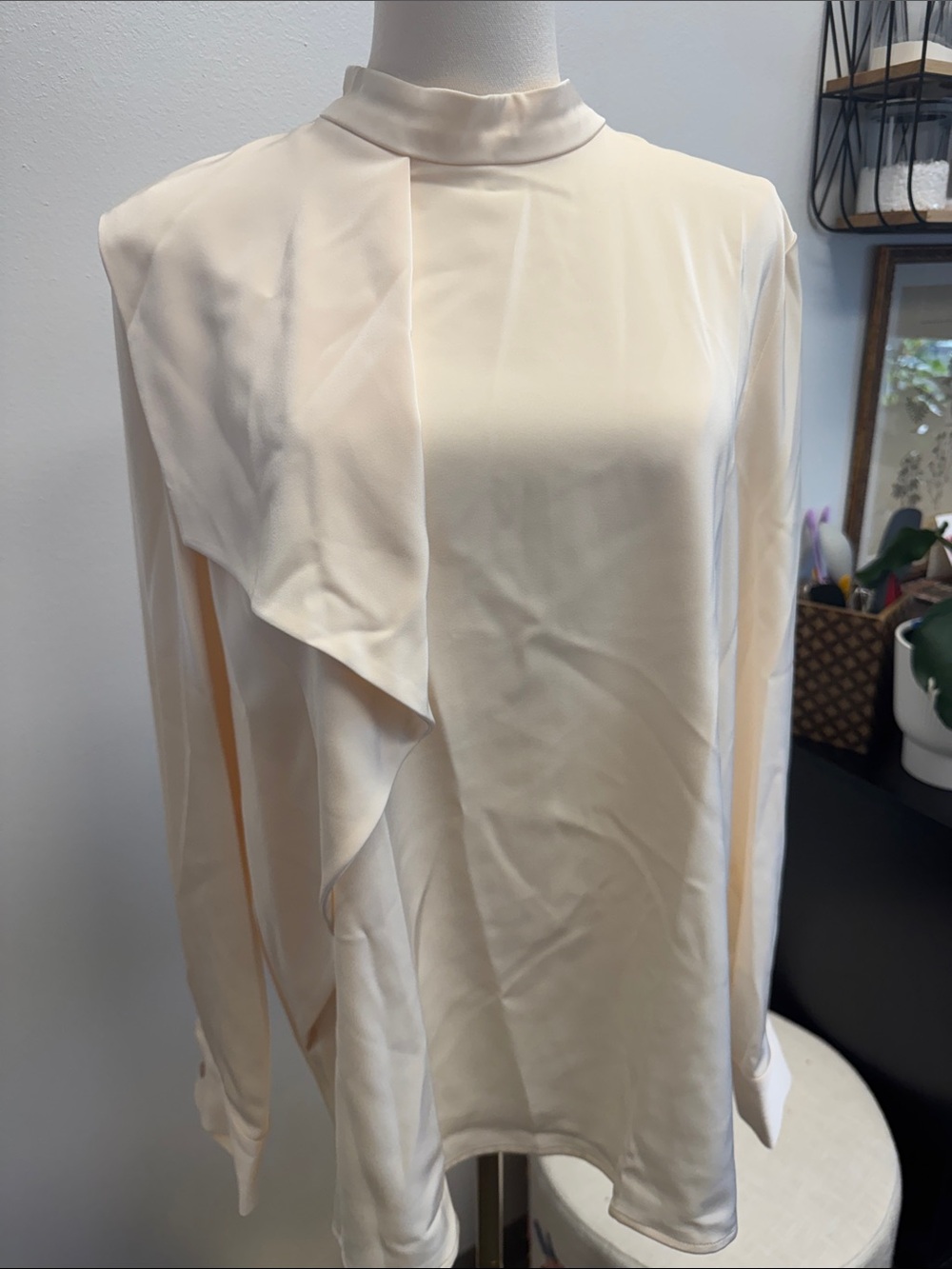 MOTF Cream High-Neck Long-Sleeve Draped Blouse
